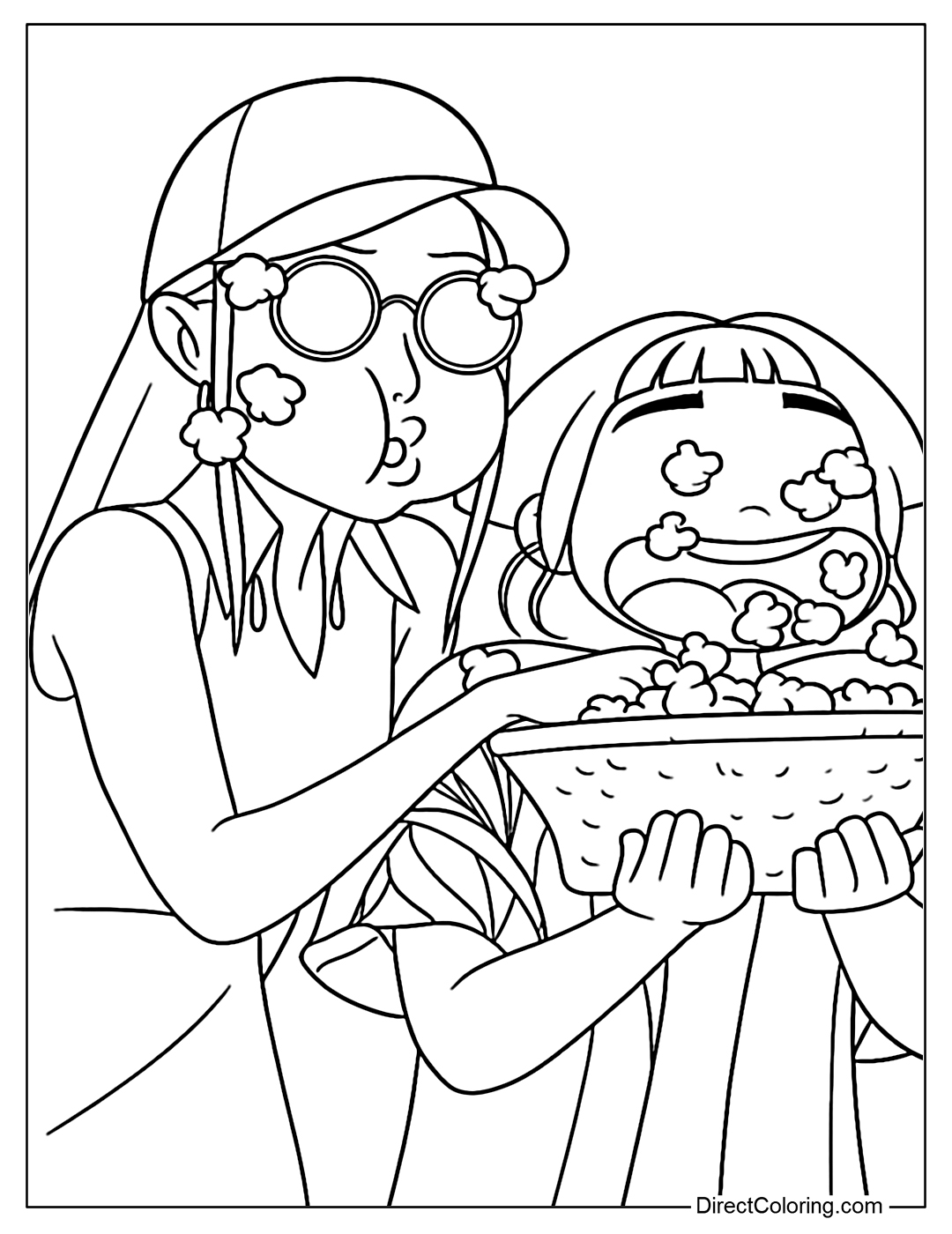 Zoey with Mira Enjoying Popcorn Coloring Page